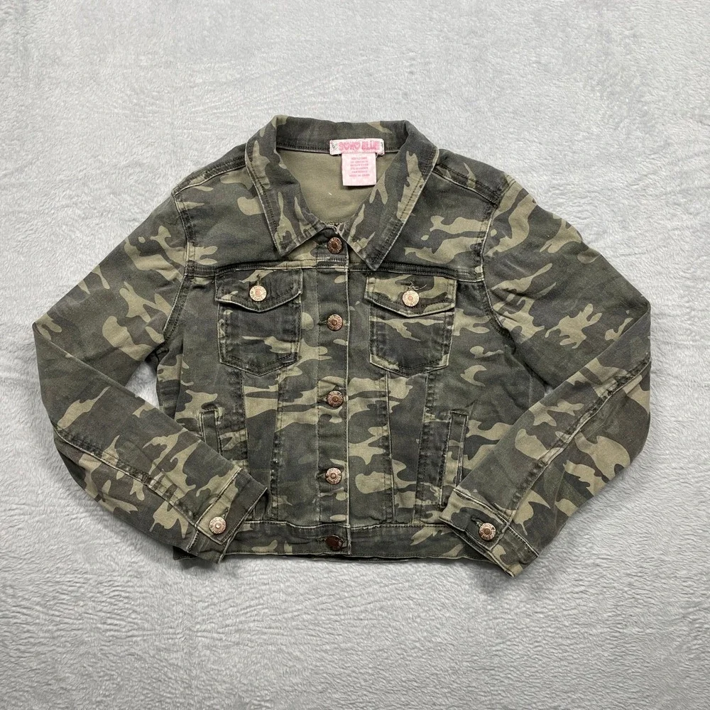 Soho Blue Camo Denim Jacket Girls 10/12 Green Camouflage Stretch Trucker